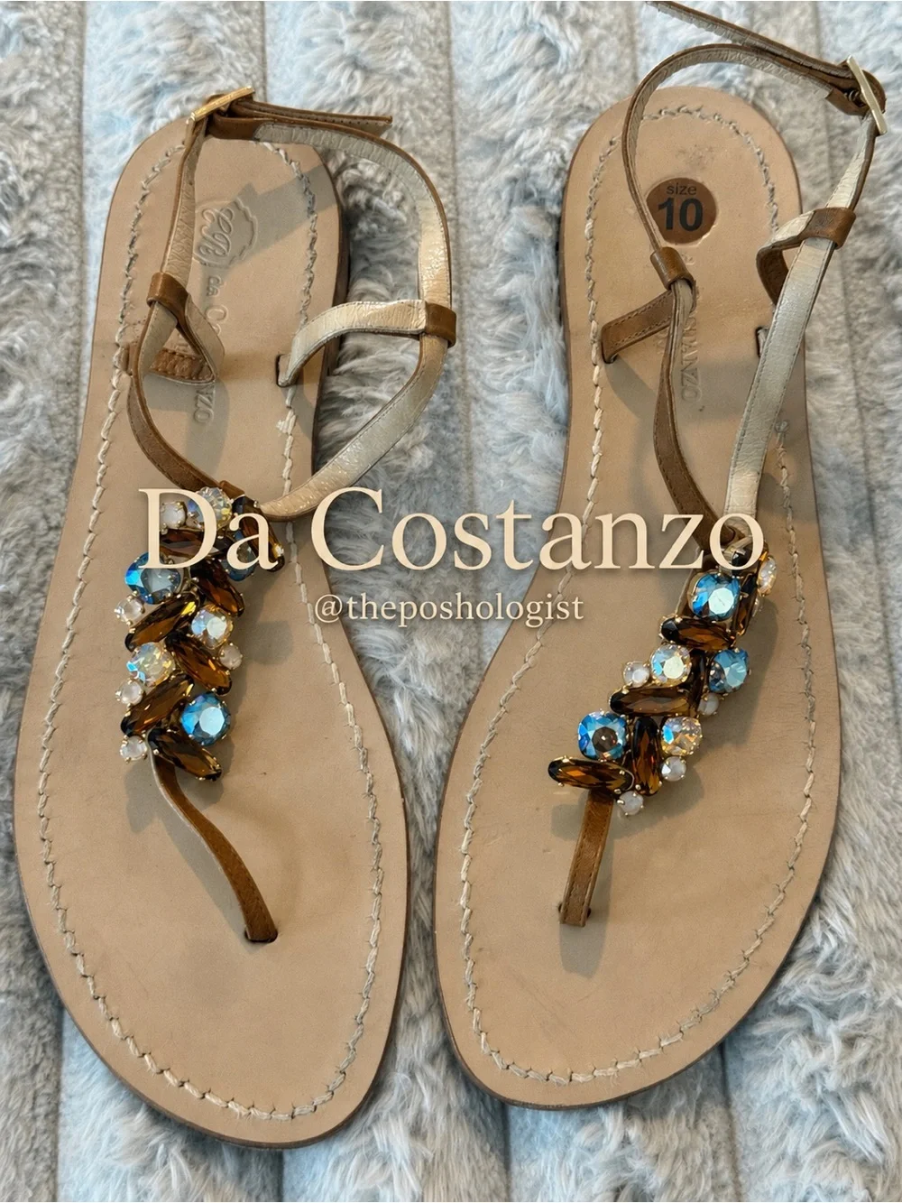 CR da Costanzo Capri Women's Beige/Tan Jeweled T-Strap Sandals Size 10